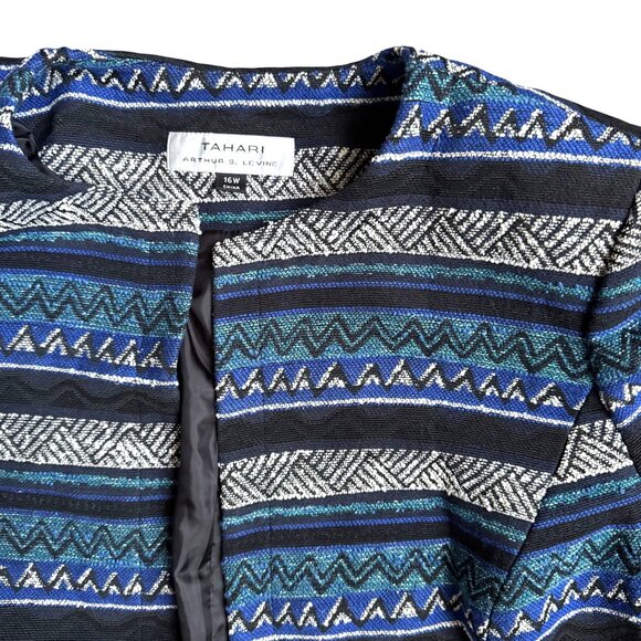 Tahari Womens Open Front Jacket 16W‎ Blue Geometric Pattern Tapestry Work Career - Picture 1 of 7